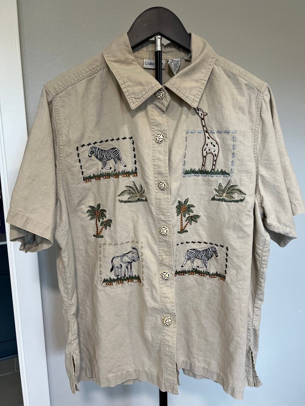 Cabin Creek Safari Animal Embroidered Linen Blend Button Up Shirt XL Vacation